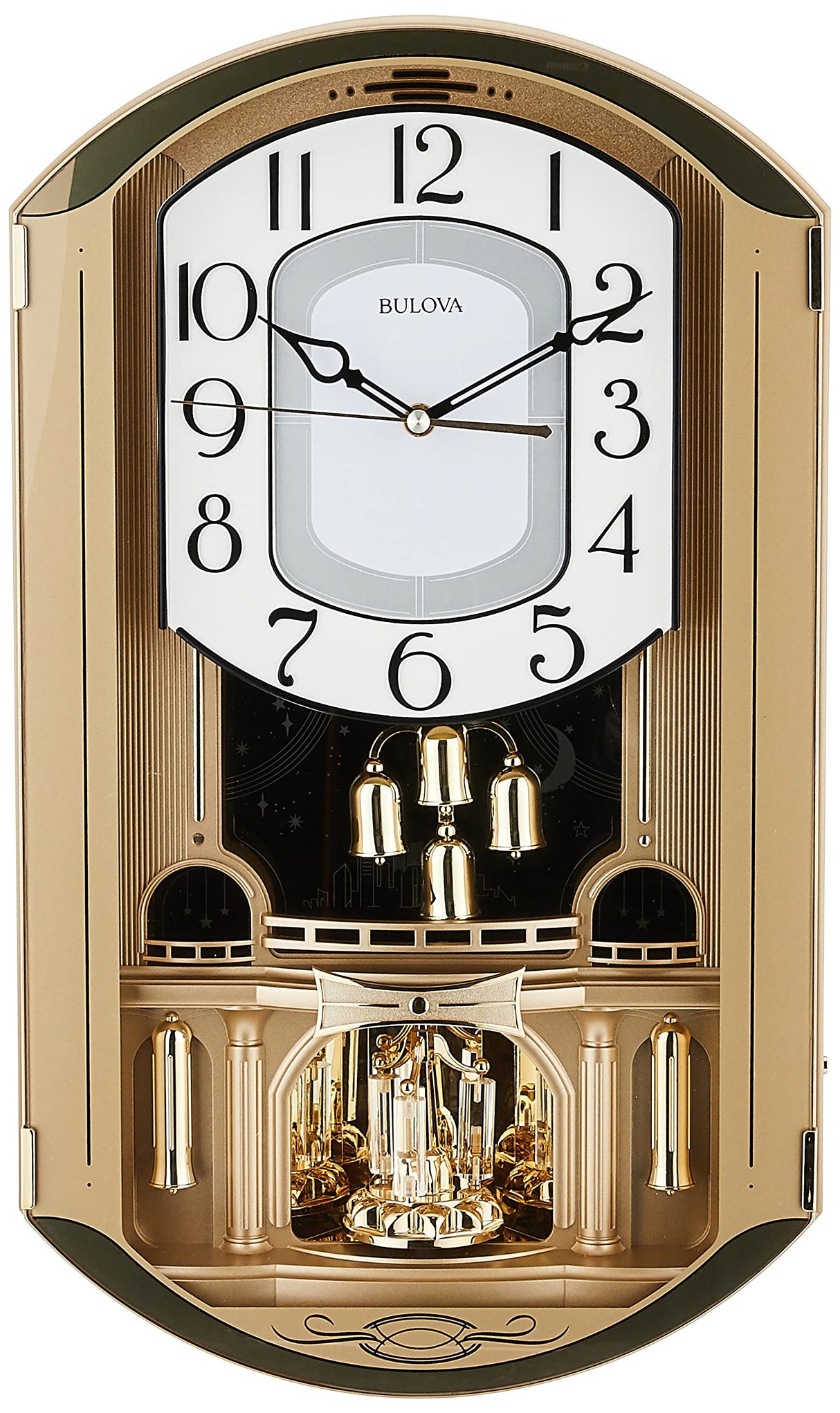 Bulova C4900 Golden Music Wall Clock | Gold-Tone Case with Rotating Crystal Pendulum | 12 Melodies | Adjustable Volume | Night Shutoff Bulova