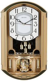 Bulova C4900 Golden Music Wall Clock | Gold-Tone Case with Rotating Crystal Pendulum | 12 Melodies | Adjustable Volume | Night Shutoff Bulova