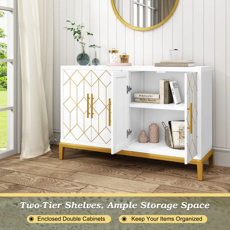 HLR Accent Cabinet with 4 Doors and Shelves, Sideboard Buffet Cabinet with Gold Lines, Modern Credenza Storage Decorative Cabinet for Living Room, Entryway, Kitchen, Dining Room, White HLR