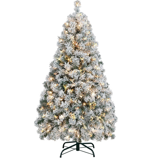 Yaheetech 4.5ft Pre-lit Artificial Christmas Tree with Incandescent Warm White Lights, Snow Flocked Full Prelighted Xmas Tree W/340 Branch Tips, 150 Incandescent Lights & Foldable Stand, Green & White