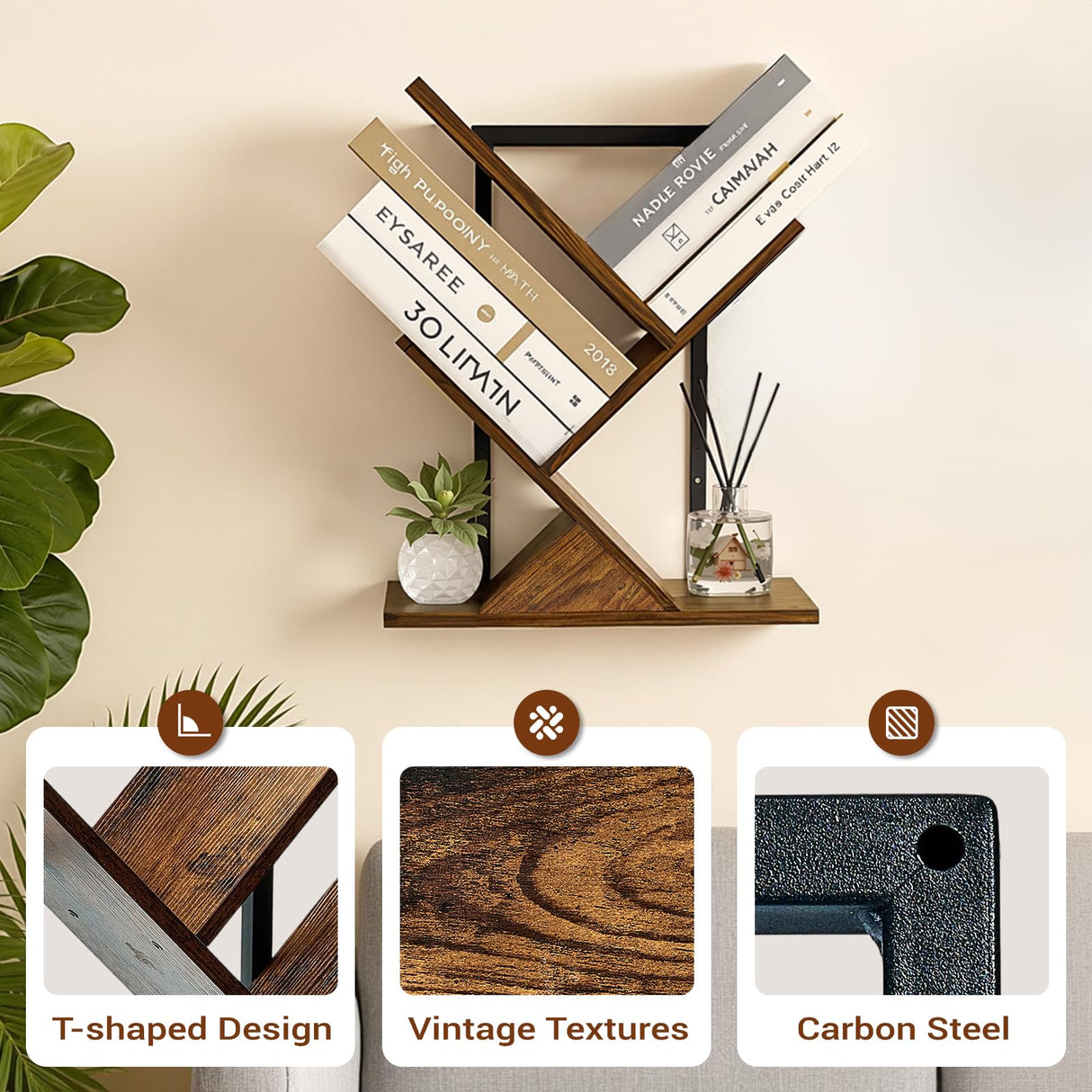Tree Bookshelf 3 Tier Book shelves for Wall, Unique Hanging Bookshelf Wall Mounted Desk Bookshelves Organizer for Magazine/Books, Small Tree Bookshelf for Bedroom, Living Room Office, Rustic Brown BESHIGH