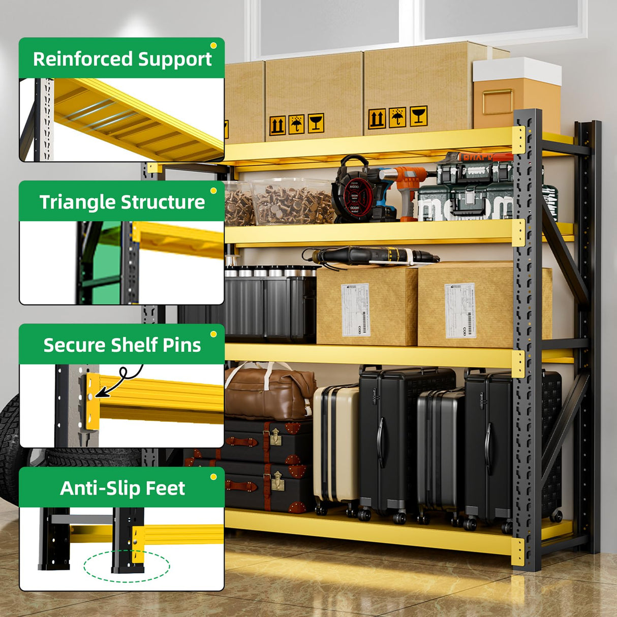 Qxdyt 3000LBS Heavy Duty Storage Shelves,63''H Metal Garage Shelving, 4-Tier Adjustable Garage Organization Shelving Units, Industrial Shelving for Warehouse,Workshop- Black & Yellow Qxdyt