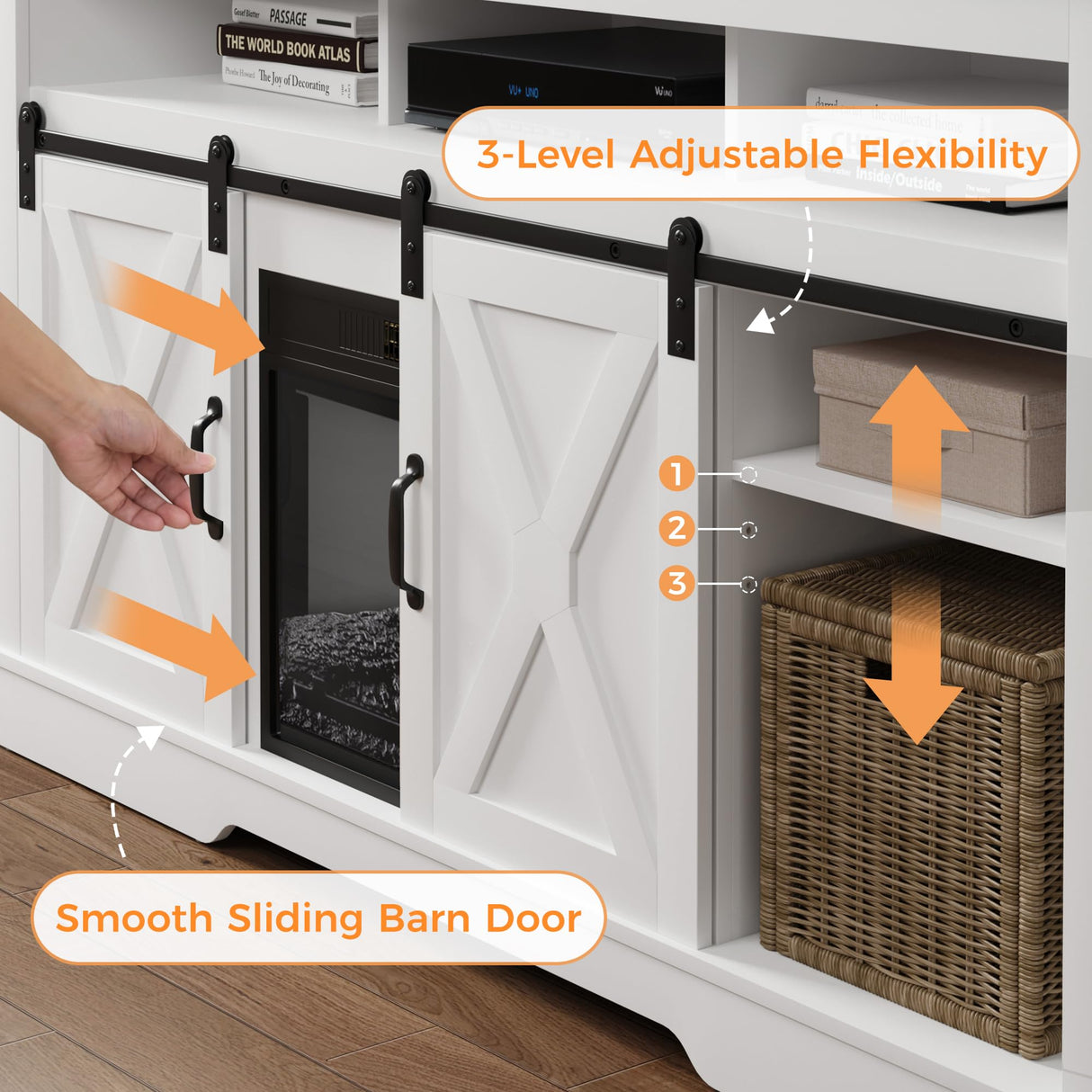 RoyalCraft Farmhouse Fireplace TV Stand for 65+ Inch TV, Entertainment Center with 23" Electric Fireplace with Remote, 34" Tall Modern Rustic TV Console with Sliding Bar Door for Living Room, White RoyalCraft