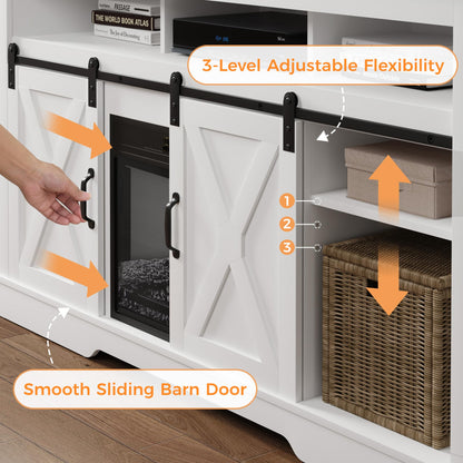 RoyalCraft Farmhouse Fireplace TV Stand for 65+ Inch TV, Entertainment Center with 23" Electric Fireplace with Remote, 34" Tall Modern Rustic TV Console with Sliding Bar Door for Living Room, White