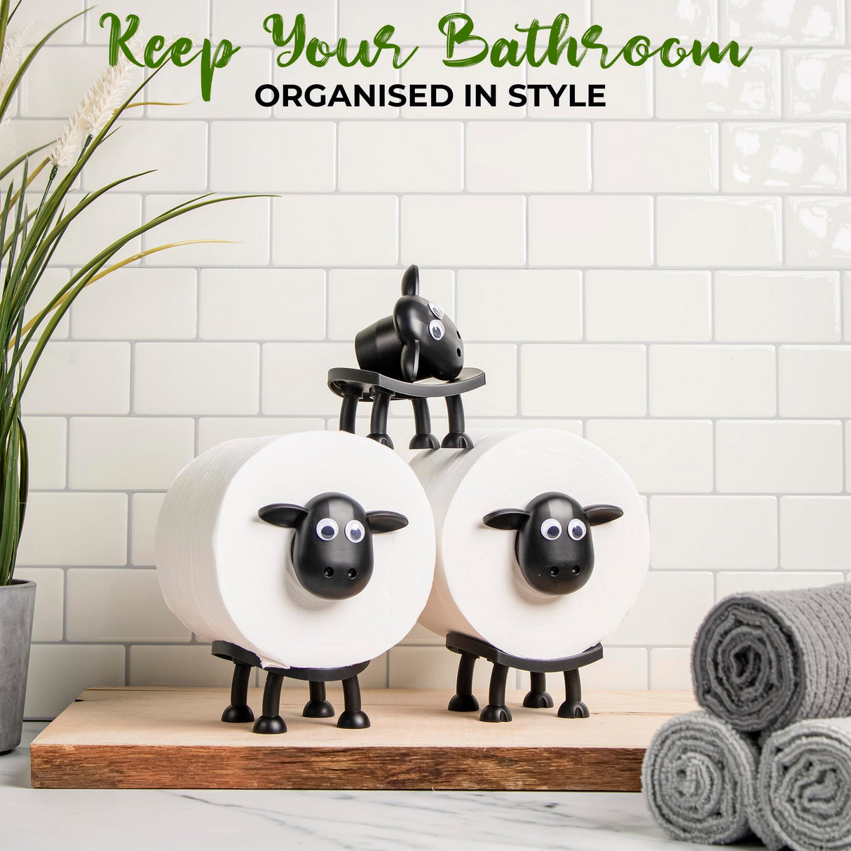 VELENTI Sheep Toilet Roll Holder - Funny Toilet Paper Holder Free Standing Bathroom Set - 3D Printed Black Sheep Loo Roll Holder - Hilarious Tissue Paper Roll Storage - Cute Bathroom Decor - Set of 3 VELENTI