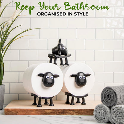 VELENTI Sheep Toilet Roll Holder - Funny Toilet Paper Holder Free Standing Bathroom Set - 3D Printed Black Sheep Loo Roll Holder - Hilarious Tissue Paper Roll Storage - Cute Bathroom Decor - Set of 3