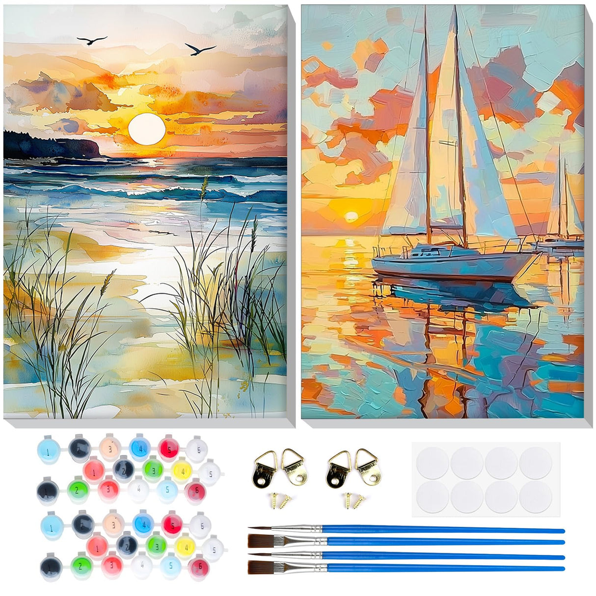 Bowetile 2 Pack Landscape Paint by Numbers for Adults Beginners Framed, Beach Adults' Paint-by-Number Kits, Easy Adult Paint by Number Kits on Canvas, Acrylic Number Painting for Home Decor, 8x12in Bowetile