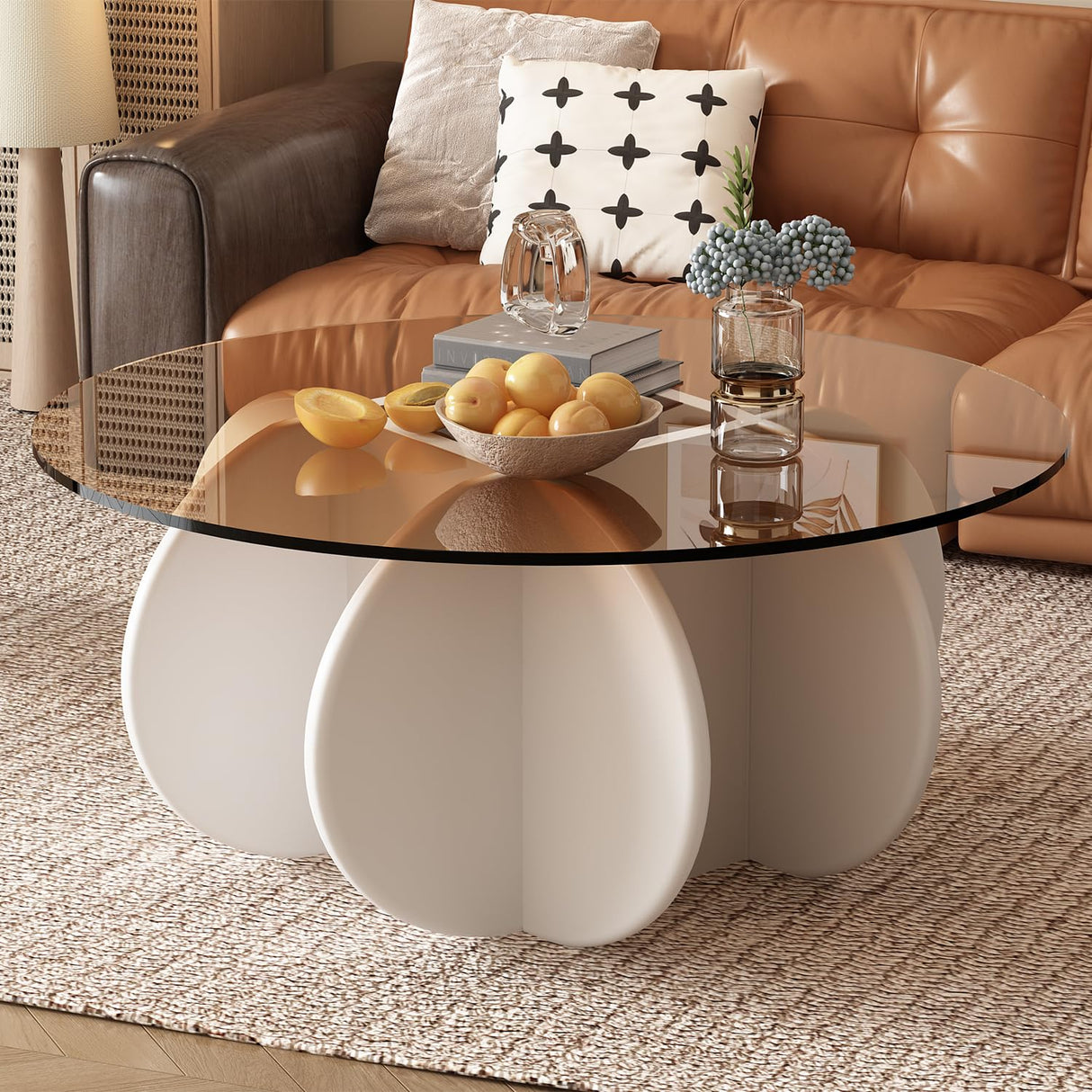 Glass Coffee Table, Mid Century Modern Design, 31.5'' Modern Round Tempered Glass Coffee Tables for Living Room, Cocktail Table for Small Space Home Office. (White + Brown) Yaruifnt