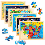 EggSun Wooden Puzzles for Kids Ages 4-6, 6 Packs 24Pcs Solar System States World Map Wooden Puzzles for Kids 3 4 5 6 Year Old, Preschool Educational Brain Toys Gifts for Boys and Girls EggSun
