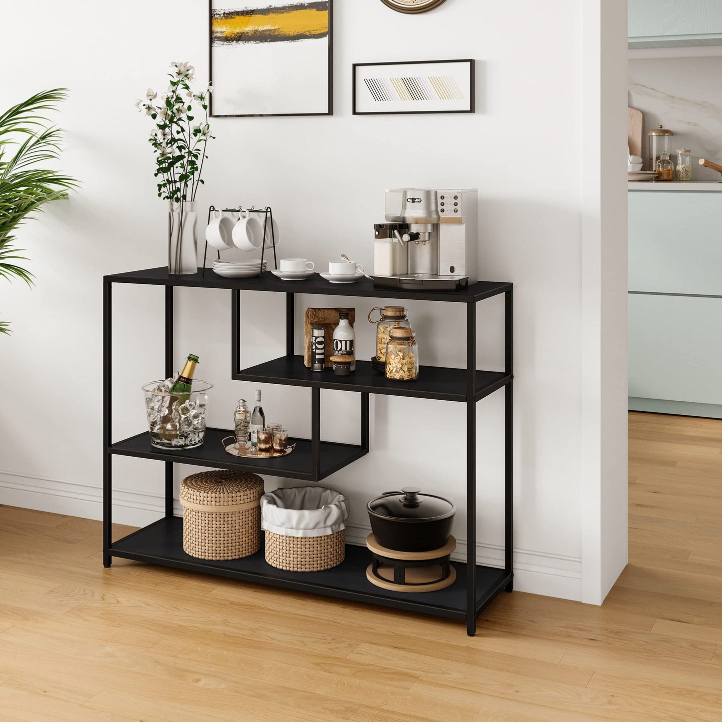 LINSY HOME 4-Tier Black Console Table for Entryway and Living Room