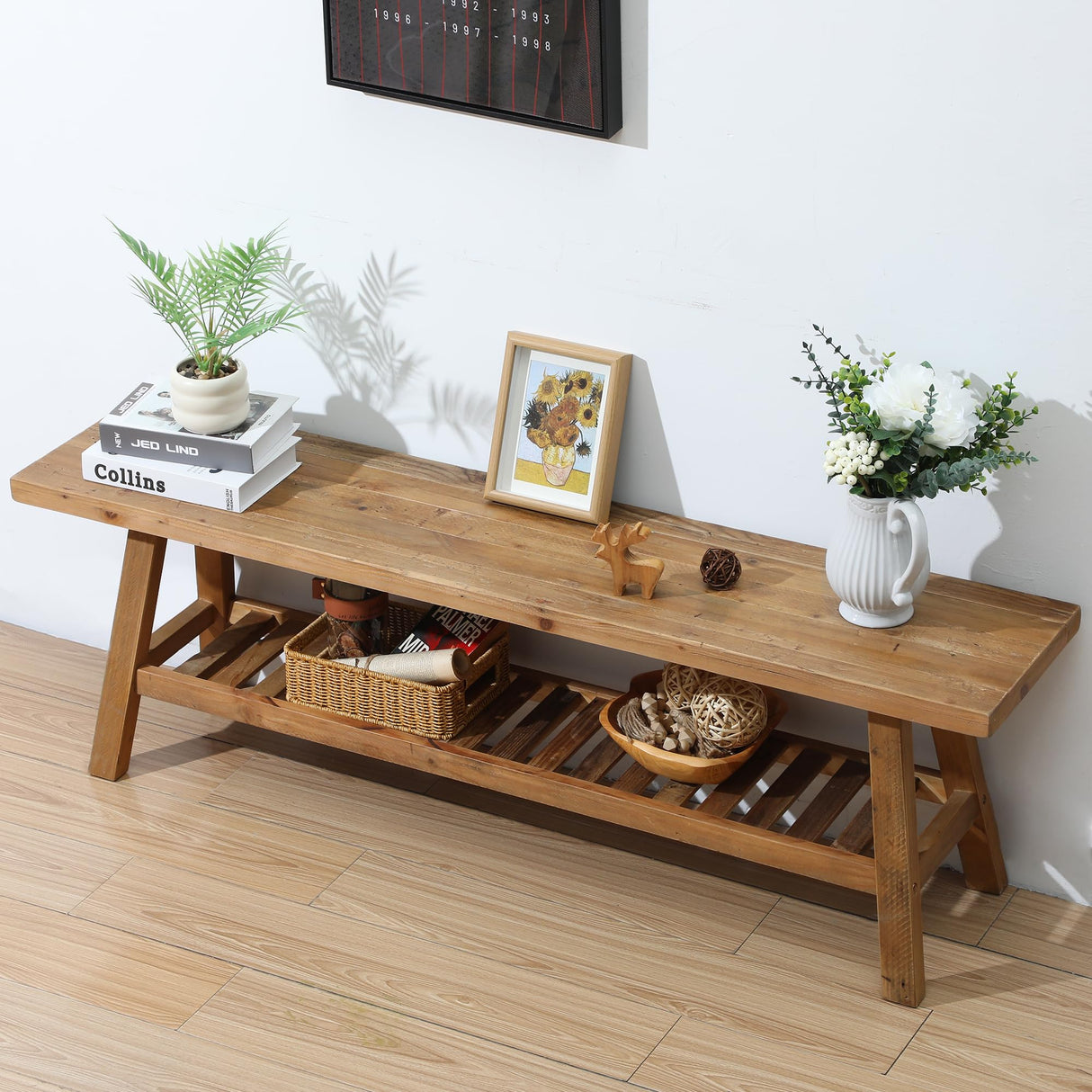 HOKYHOKY Reclaimed Solid Wood Bench-55 Inches Farmhouse Entryway Bench with Storage Shelf, Narrow Rustic Bench for Hallway, Kitchen, Bedroom, Dining HOKYHOKY