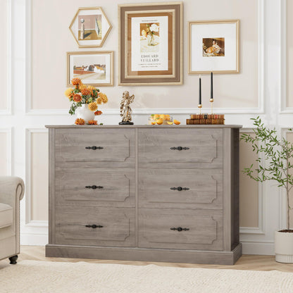 finetones Wood Dresser 6 Drawer, 47.2'' Grey Dresser Farmhouse Dresser Chest of Drawers with Designed Drawer Surfaces, Grey Dresser with Deeper Drawer, Ash Grey - WoodArtSupply