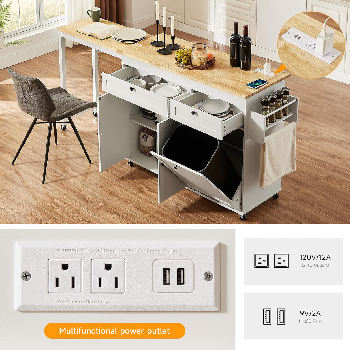 ONBRILL Kitchen Islands with Extendable Dining Table, 81.7" Mobile Kitchen Storage Islands, Rolling Kitchen Cart with Trash Cabinet, Power Outlet, Spice Rack & Towel Rack (White) ONBRILL