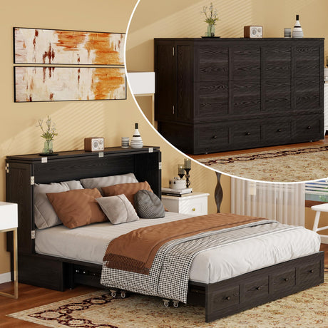 TrendTerrace Solid Wood Murphy Bed Queen: Murphy Chest Queen Brown Black Murphy Bed Cabinet with USB Port, Wall Murphy Chest with Large Drawer for Home/Guest Room (Without Mattress) TrendTerrace