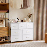 DUMOS Dresser for Bedroom, Chest of Drawers, Closet Storage with 7 Drawers, Cloth Dresser Clothes Organizer Tower with Fabric Bins, Metal Frame, Wood Tabletop for Nursery, Kids Room, White DUMOS