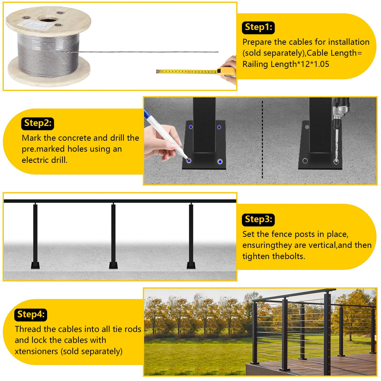 VEVIVOOVY Stainless Steel Cable Railing Post 36"(Post 34"x2"x2"),Level Drilled Railing Post with Adjustable Top Mount Cable Handrail Post,DIY Black Railing Post for Decks,Porchs,Balconies -6Pack VEVIVOOVY