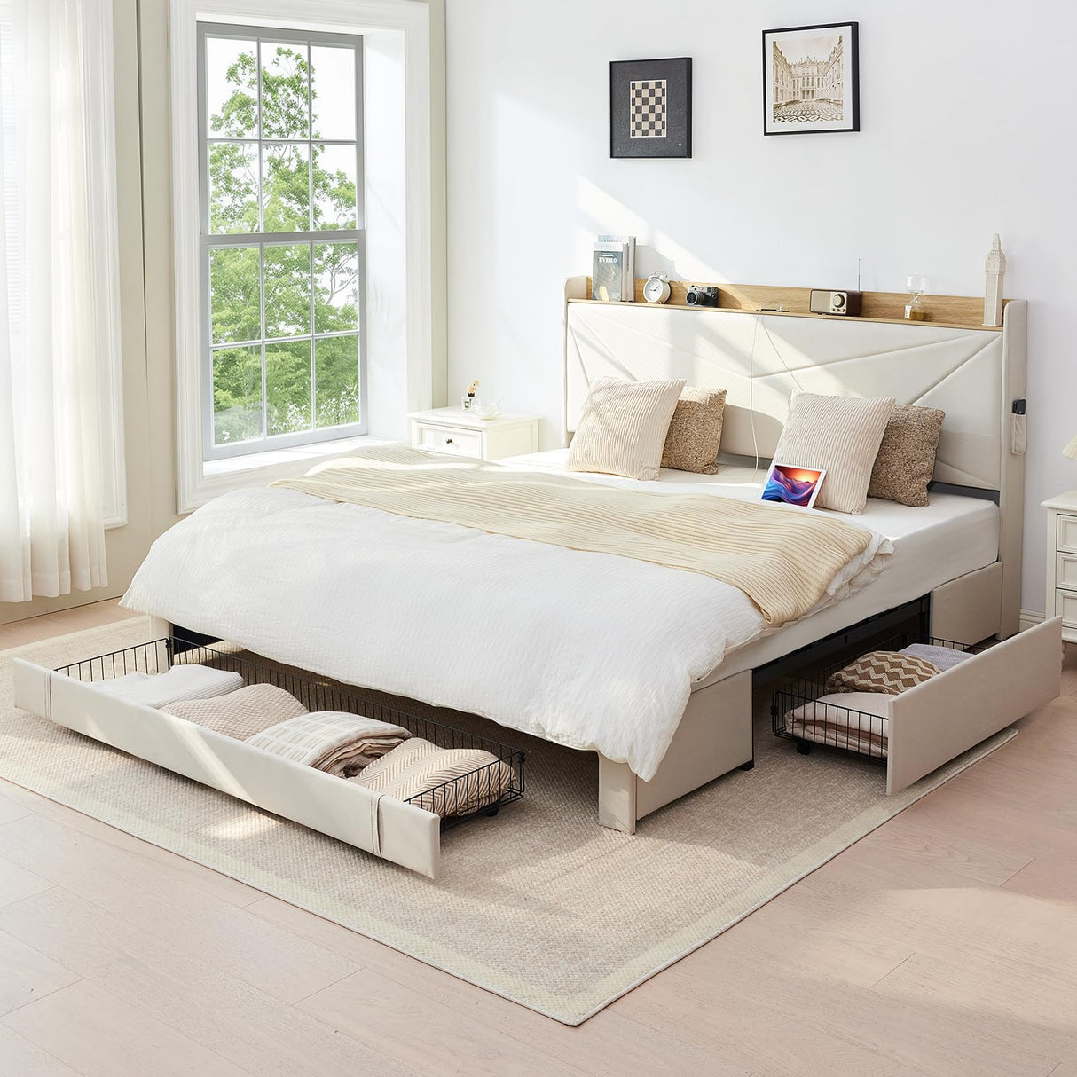 Tsuysi King Bed Frame with Headboard, Noise Free and No Spring Need Platform Bed Frame King Size with 3 Storage Drawers and USB Port for Home, Hotel, Guesthouse (Beige) Tsuysi