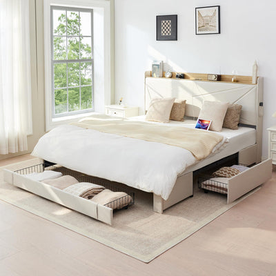 Tsuysi King Bed Frame with Headboard, Noise Free and No Spring Need Platform Bed Frame King Size with 3 Storage Drawers and USB Port for Home, Hotel, Guesthouse (Beige)