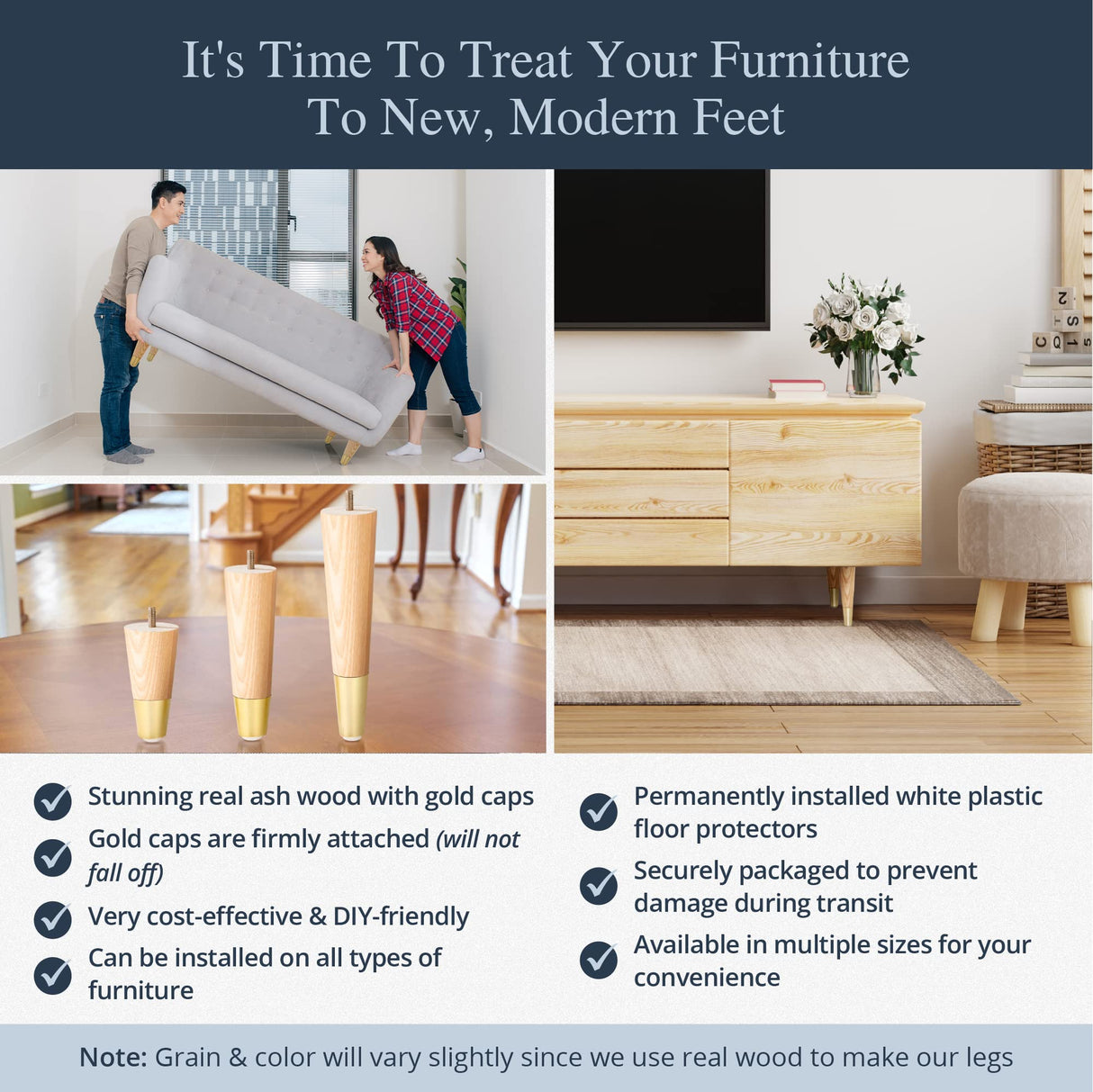 Ash Wood Furniture Legs With Gold Caps - Mid Century Feet For Sofa, Chair, Table, Dresser, Bed, Cabinet, Ottoman - Wood Leg Risers, Easy Install & Includes Installation Hardware - Set of 4, 4 Inches Airy Abode