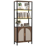 Turosur Bookshelf with Rattan Doors & LED Lights, 71" Tall Bookcase with Storage & Adjustable Shelf, Boho Display Standing Shelf Unit for Bedroom, Living Room and Home Office Turosur