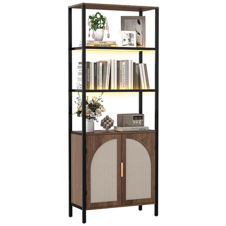 Turosur Bookshelf with Rattan Doors & LED Lights, 71" Tall Bookcase with Storage & Adjustable Shelf, Boho Display Standing Shelf Unit for Bedroom, Living Room and Home Office Turosur