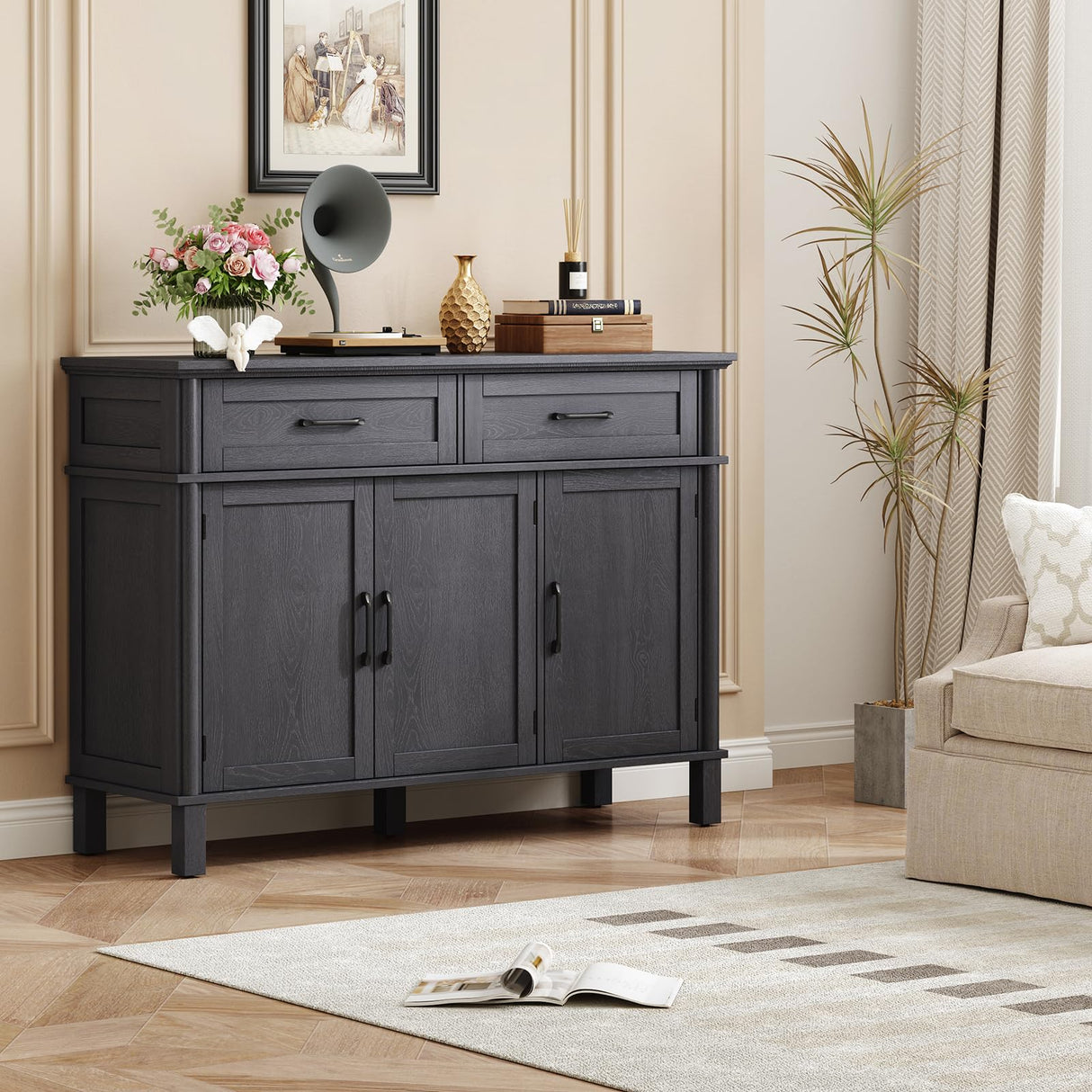 48" Buffet Cabinet with Storage, Farmhouse Sideboard Cabinet w/2 Drawers and 3 Doors, Wood Coffee Bar Cabinet with Adjustable Shelves, Storage Cabinet for Kitchen, Living Room, Entryway, Black ONBRILL