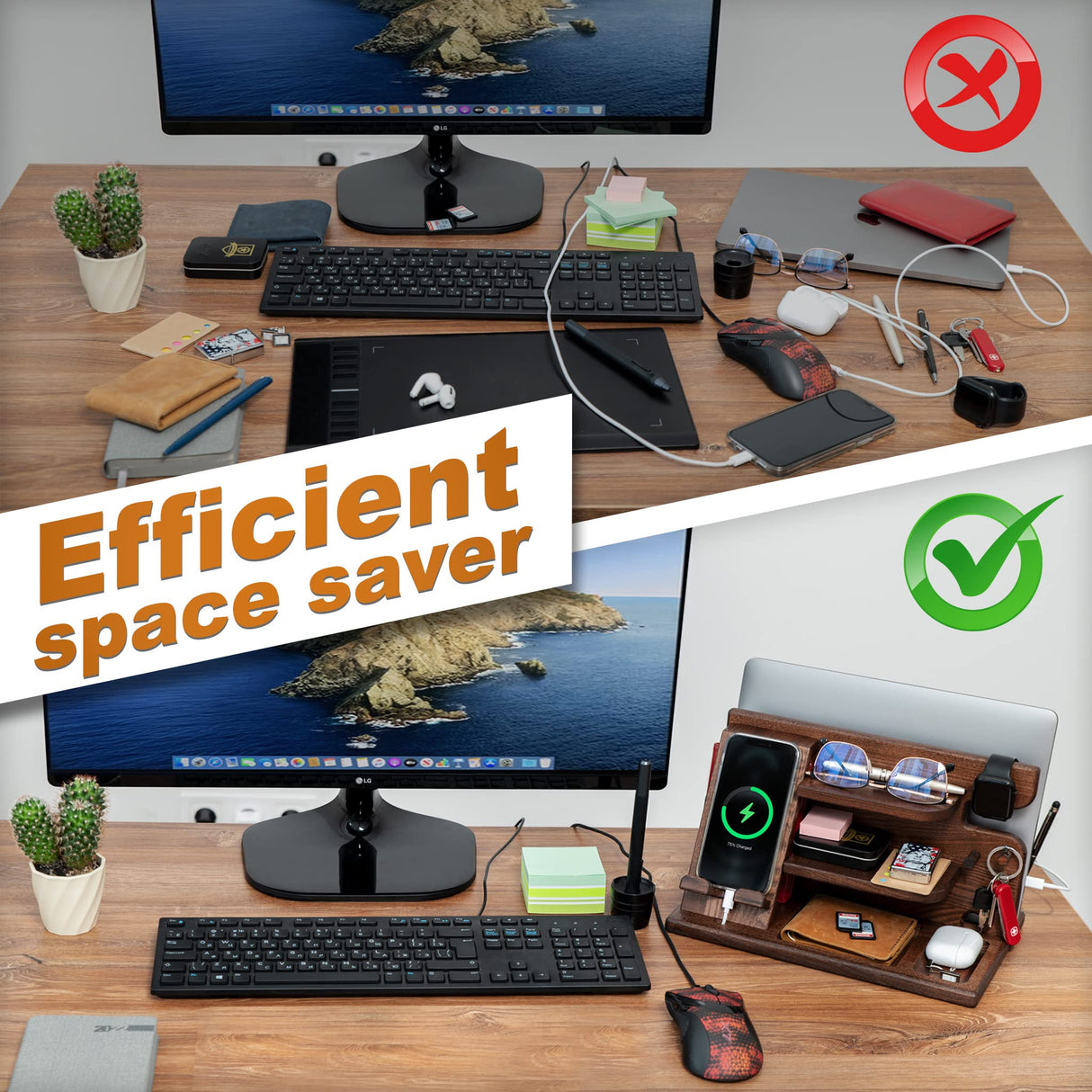 TESLYAR Wood Phone Docking Station for Men - Desktop or Nightstand Organizer - Birthday gifts for Men or Dad - Anniversary Idea from Wife - Key Holders, for Wallet, Watch & Essentials (Chestnut Brown) TESLYAR