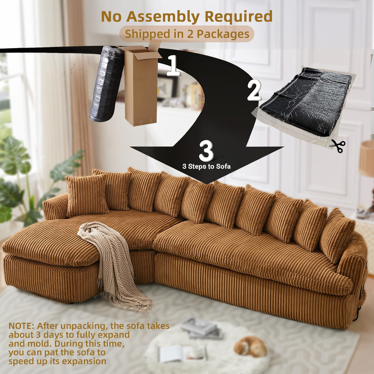 129'' Modern Sectional Sofa,4-5 Seater Upholstered Couches with 10 Cushions,High Density Sponges Cloud Couch, L-Shape Left Sofa,Corduroy Sponge Sofa for Living Room,No Assembly Required(Brown) Firscook