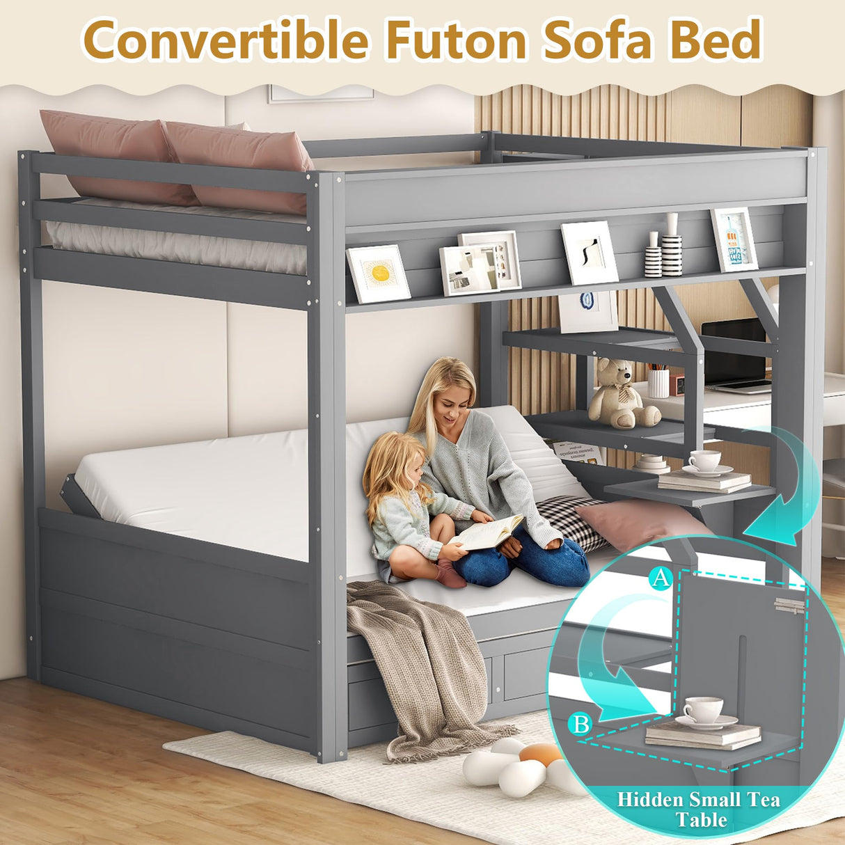Full Over Full/Futon Bunk Bed with Storage Movable Stairs, Wood Bunkbed Full Size with 3 Drawers Convertible Couch Bed, Multi-functional Full Bed Frame for Kids Teens, No Box Spring Needed (Gray) CAPCAEK