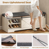 UPOSOJA Farmhouse Storage Bench with Cushion, Shoe Rack with Slide Barn Doors, Adjustable Shelf and 2 Drawer for Entry, Bedroom, Closet, Living Room, Hallway (White Brown, 59.8 in) UPOSOJA