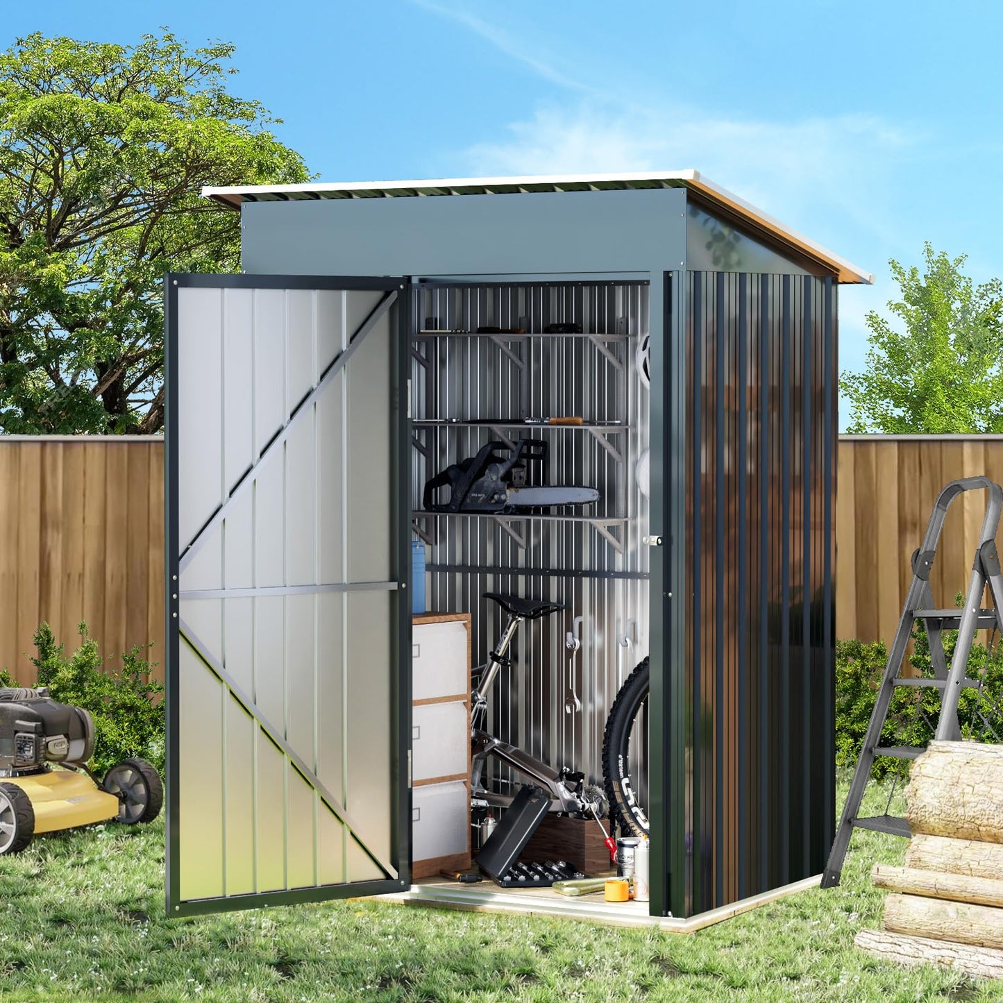 5x3FT Vertical Outdoor Steel Storage Shed with Floor Frame, Lockable Doors, Compact Metal Tool Shed for Garden, Backyard, Patio, Utility, and Bike Storage