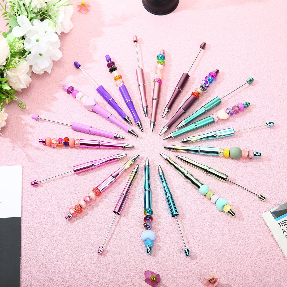 Kosiz 60 Pieces Plastic Beadable Pen Bead Ballpoint Pen Black Ink Beaded Pens for Kids Students Presents Office School Supplies (Mermaid Colors, Classic) Kosiz