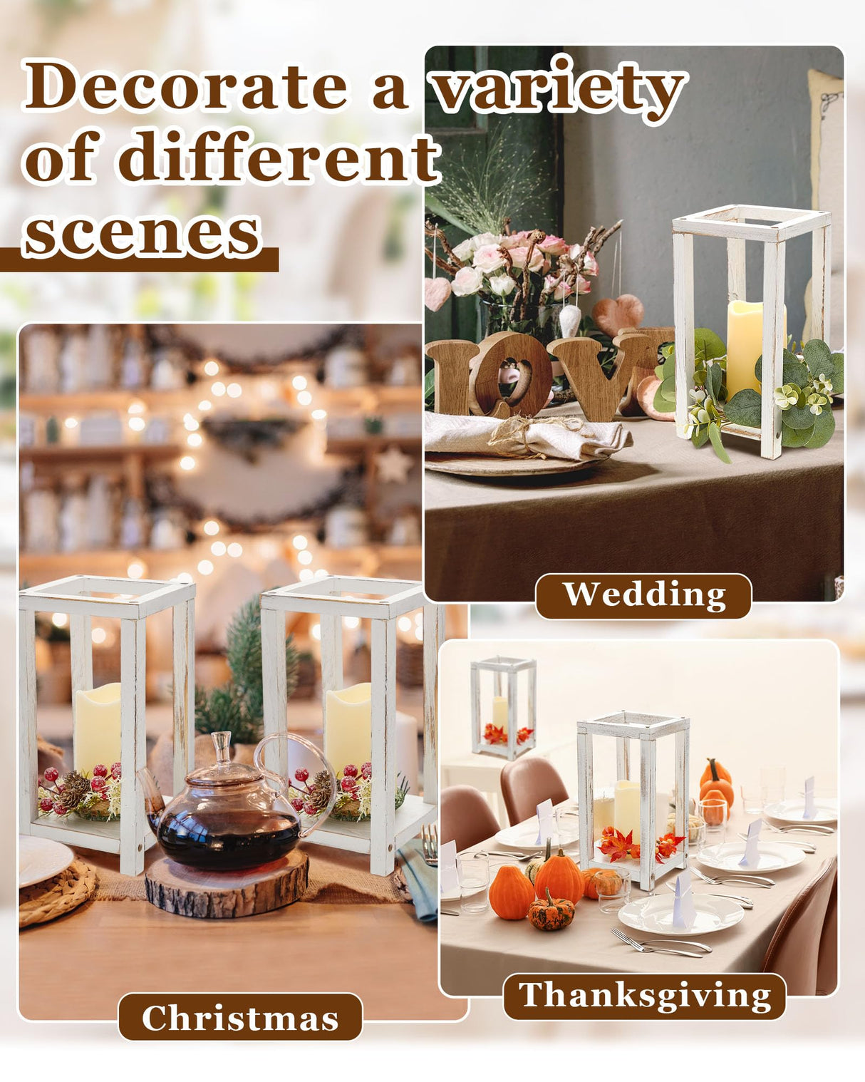 Huquary 16 Pcs Wooden Candle Lantern Set Includes 8 Rustic Wedding Centerpieces for Table Farmhouse Wooden Candle Holder and 8 Flameless Decorative LED Candles for Wedding Decor (White,Rectangle) Huquary