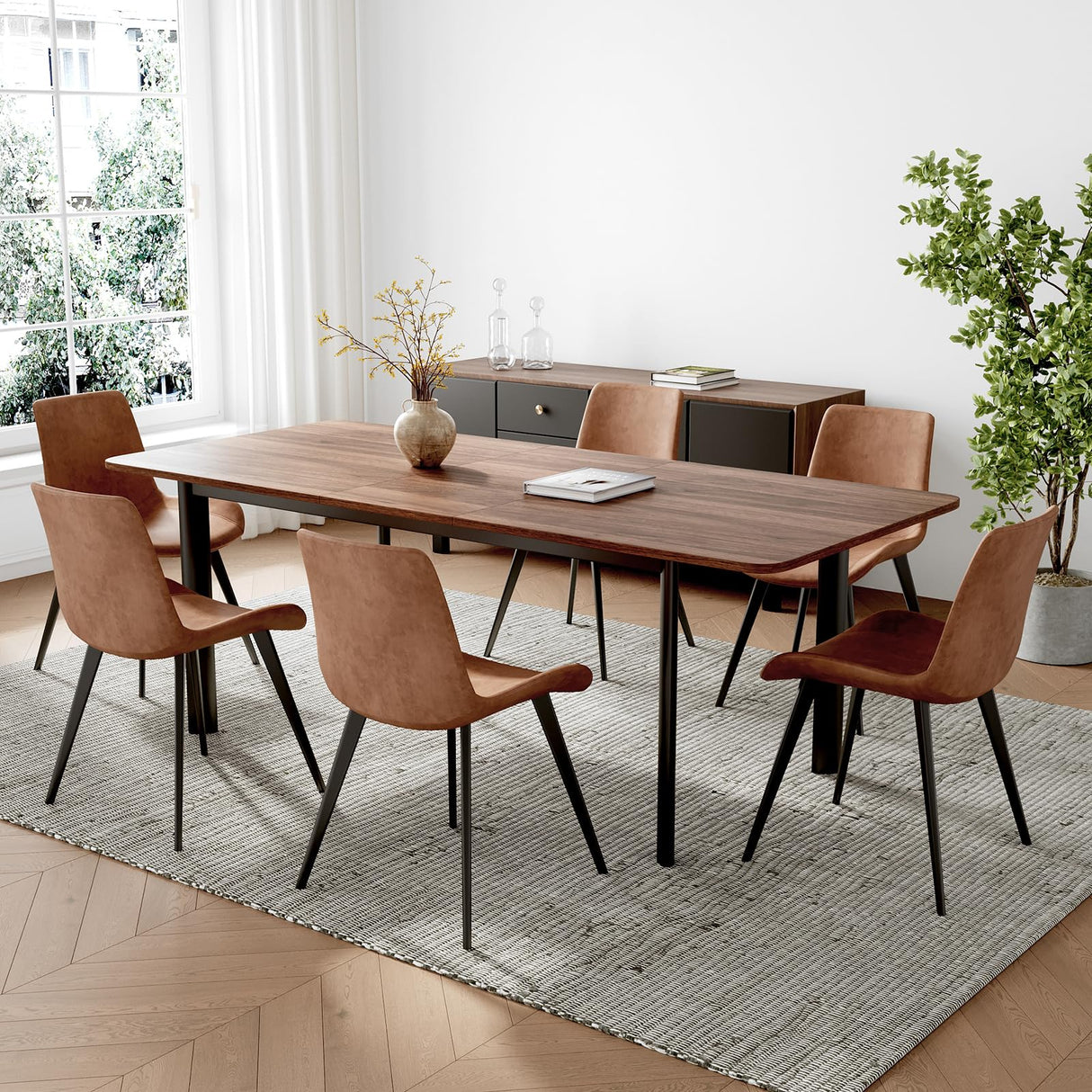 HIPIHOM 63"- 78.7" Extendable Dining Table Set for 6, Modern Kitchen Table with 6 Dining Chairs, Thickened Expandable Wooden Table with Metal Legs for Dining Room, Kitchen HIPIHOM