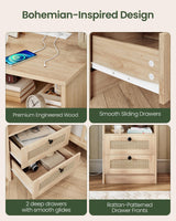 CHOEZON Rattan Nightstand, Boho Side Table, Bedside Table with Charging Station and 2 Drawers, Engineered Wood End Table, for Bedroom, Study, Natural MBZ07UNL CHOEZON