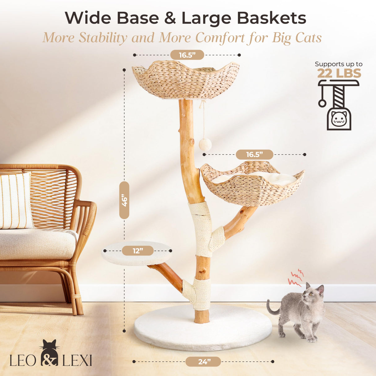 Real Wood Modern Cat Tree Tower, Cat Scratching Post with Bed for Indoor Cats Large Adult, Solid Wooden Climbing Tower, Cute Wicker Condo, Aesthetic Stand, Boho Luxury Pet Furniture LEO & LEXI