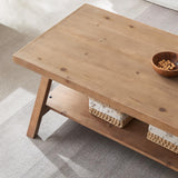 Farmhouse Coffee Table,Solid Wood Center Tables with Storage Shelves & Sturdy A-Shaped Legs, Modern Rustic 2-Tier Rectangular Table for Living Room and Office, Natural WINWY