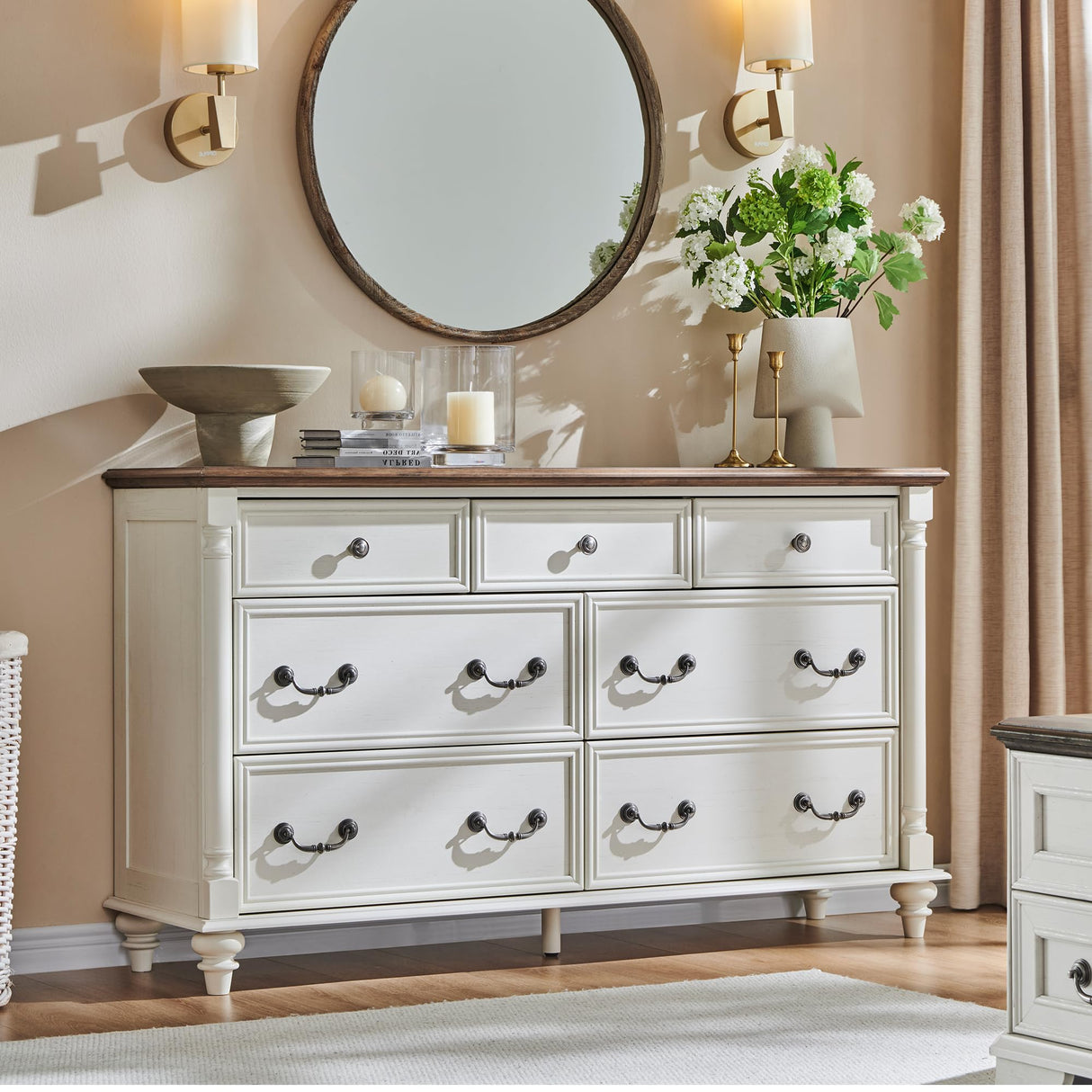 T4TREAM Farmhouse 7 Drawers Dresser Chests for Bedroom with 4 Solid Wood Feet, Tall Wide Wood Country Rustic Chest of Drawers, Storage Dressers for Bedroom, Living Room, Antique White T4TREAM
