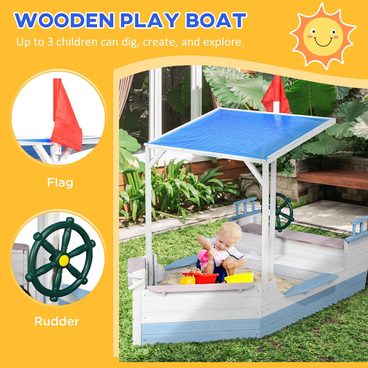 Outsunny Kids Sandbox with Canopy, Pirate Ship Wooden Sand Boxes with Bench for Backyard, Sand Pit for Toddlers, 83" x 43", Blue Outsunny