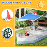 Outsunny Kids Sandbox with Canopy, Pirate Ship Wooden Sand Boxes with Bench for Backyard, Sand Pit for Toddlers, 83" x 43", Blue Outsunny