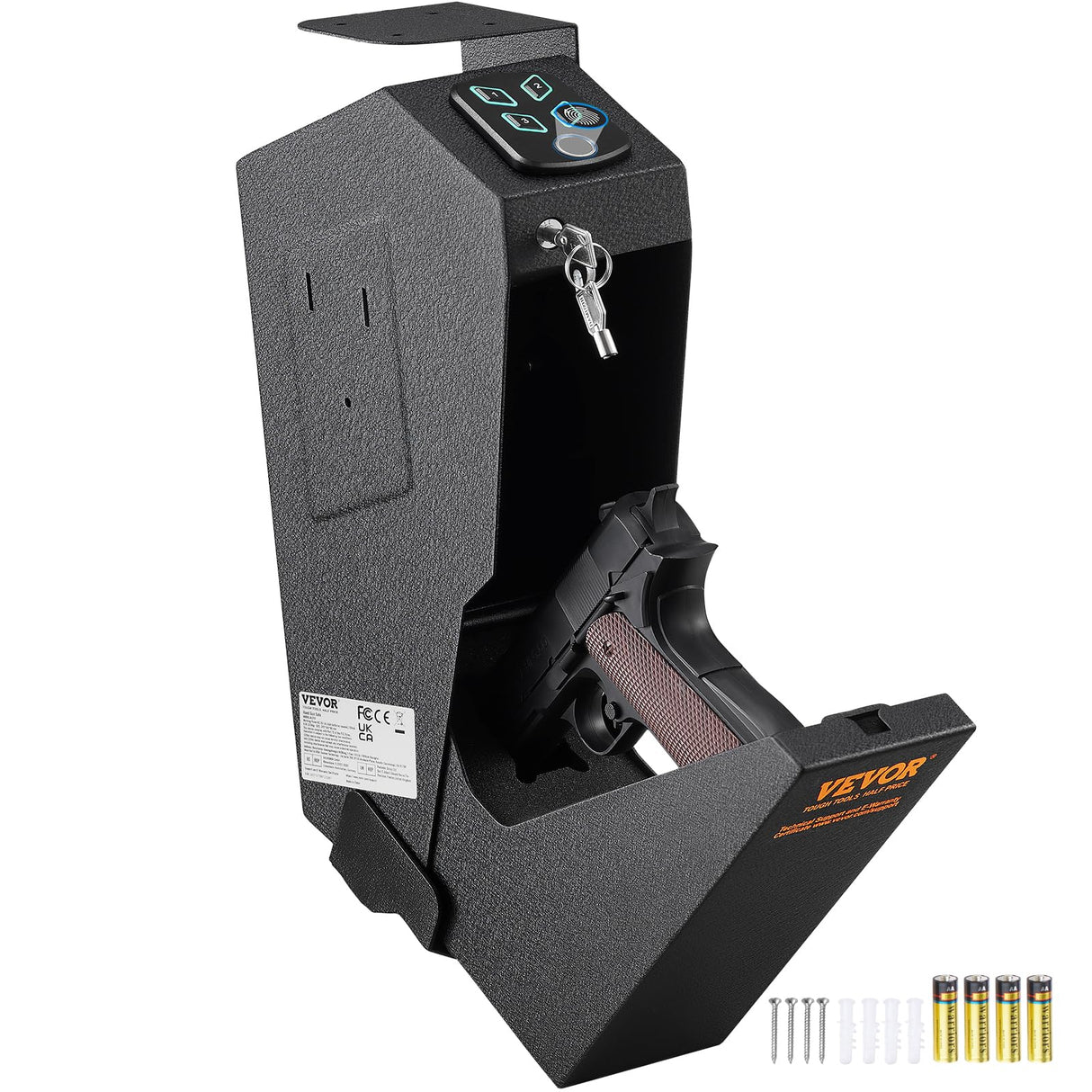 VEVOR Mounted Gun Safe for Pistols, Biometric Gun Safe with Three Quick Access Ways of Fingerprints, Passwords and Keys, Handgun Safe for 1 Pistol for Home, Bedside, Nightstand, Wall VEVOR