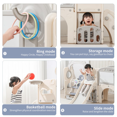 Lovgrils 12 in 1 Toddler Outdoor Playset with Swing, Indoor Swing and Slide Set Playground for Toddlers 1-3, Durable Climber Basketball Hoop Ball Toddler Indoor Playset for Home Playground-White Grey Lovgrils
