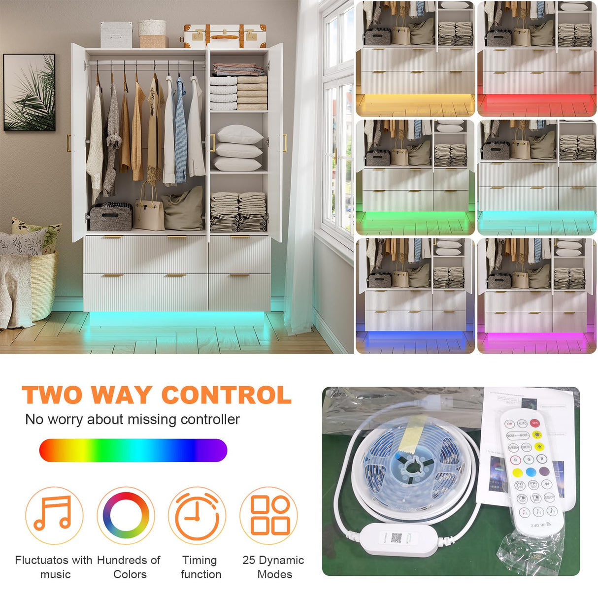 PAKASEPT Armoire Wardrobe Closet with 3 Door, Bedroom Armoires with Mirror and LED Lights, Hanging Rod, Drawers, Large Capacity Storage Wardrobe Armoire for Bedroom PAKASEPT