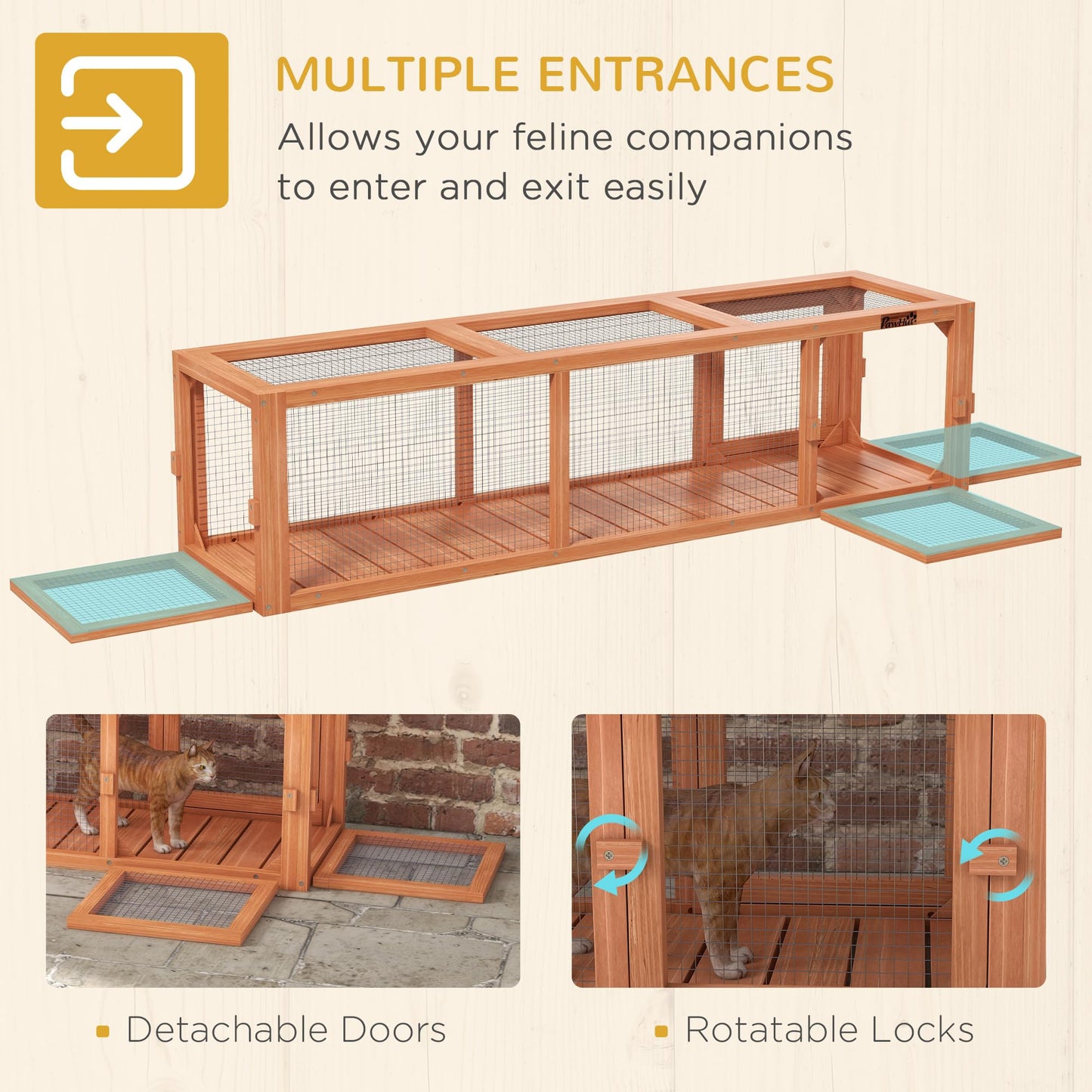 PawHut Outdoor Cat Tunnel with Extendable Design, 59" L Wooden Cat Run with Weather Protection, Connecting Inside and Outside, for Deck Patios, Balconies, Natural Wood - WoodArtSupply