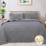 Uspring Grey Ruffled Floral Quilts Queen Size Soybean Fiber Filling Bedding Set 3 Piece, Stone-Washed Microfiber Farmhouse Shabby Chic Lightweight Soft Bedspread Coverlet for All Season, 90'' x 90'' Uspring