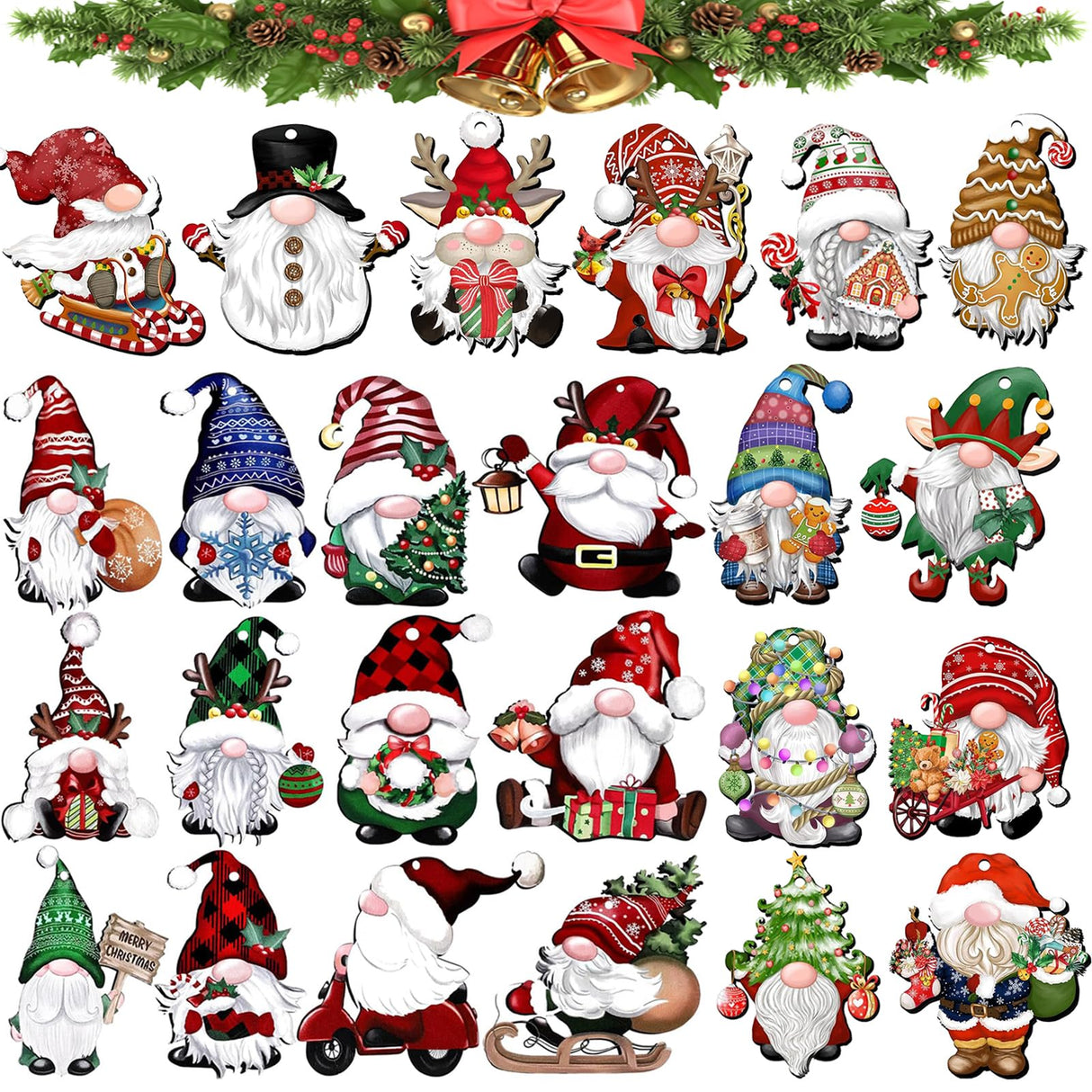 BJHSH 24Pcs Christmas Gnome Ornaments Unduplicates Wooden Hanging Ornaments,Gnome Wood Ornaments for Christmas Tree,Christmas Party Decorating Supplies Christmas Decoration BJHSH