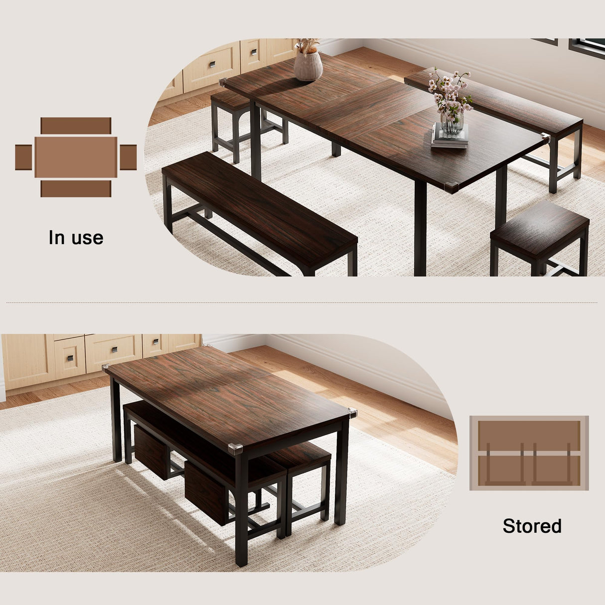 Einhomn 5 Pieces Dining Room Table Set for 4-6, 63' Extendable Kitchen Table Set with 2 Benches & 2 Stools, Small Dining Table Set with Metal Frame & MDF Board, Espresso Einhomn