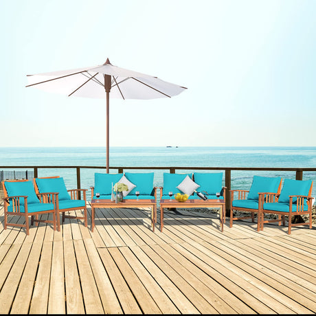 Tangkula 8 PCS Acacia Wood Patio Furniture Set, Outdoor Seating Chat Set w/Gray Cushions Back Pillow, Outdoor Conversation Set w/Coffee Table for Garden, Backyard, Poolside Tangkula