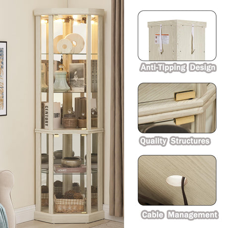 XZTUAJ 69"H Lighted Curio Cabinet Corner Display Case, Corner Glass Cabinet with Adjustable Shelves and Tempered Glass, Wooden Corner Curio Cabinet w/ Mirrored Back Pane for Living Room(Antique White) XZTUAJ