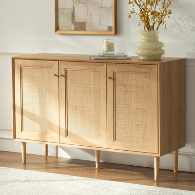 EYYTHUNG Rattan Storage Cabinet with 3 Doors, Boho Sideboard Buffet Cabinet Solid Wood Farmhouse Credenza Cabinet with Adjustable Shelves for Living Room Kitchen Entryway Hallway, Natural Oak